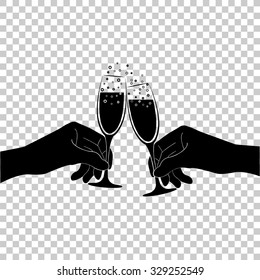 Hands Holding Two Champange Glasses Vector Icon - Black Illustration