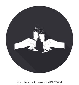 Hands Holding Two Champange Glasses Icon With Long Shadow - Vector Round Button