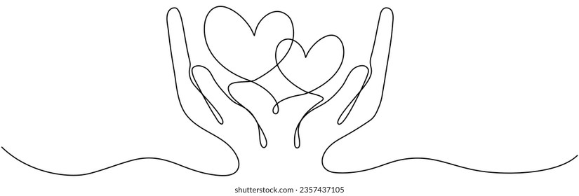Manos sosteniendo dos corazones de dibujo continuo de una línea. Símbolo lineal de donación de caridad. Concepto de pareja de amor. Ilustración vectorial aislada en blanco.