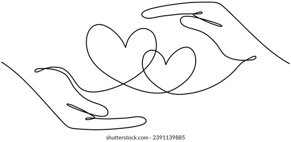 Hands holding two hearts continuous one line drawing. Love couple linear concept. Hand drawn vector illustration isolated on white.