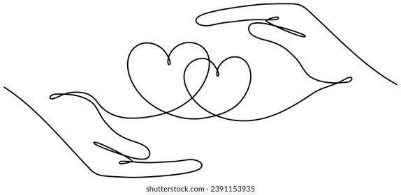 Hands holding two hearts continuous one line drawing. Love couple linear concept. Hand drawn vector illustration isolated on white.