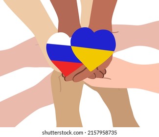 Hands holding two hearts in the shape of the Ukrainian and Russian flags. Supporting the people against the war. Let there be peace. flat vector