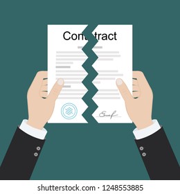Hands holding two parts torn contract, flat vector illustration