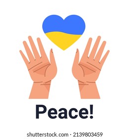 hands holding Ukrainian flag heart shape pray for Ukraine peace save Ukraine from russia stop war concept