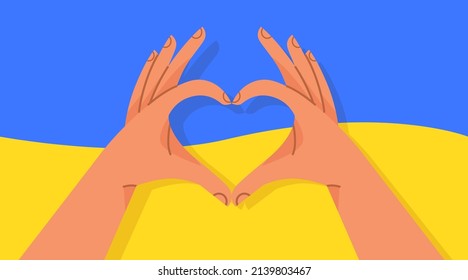 hands holding Ukrainian flag heart shape gesture pray for Ukraine peace save Ukraine from russia stop war concept