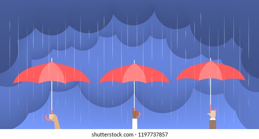 Hands holding umbrella under the heavy rain. Protection from rainy weather. Thunderstorm in the sky full of cloud. Flat vector illustration