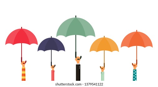 hands holding umbrellas isolated on white background. vector Illustration.