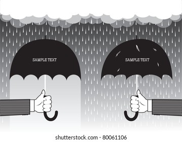 Hands holding umbrellas under big rain.Vector graphic background for text