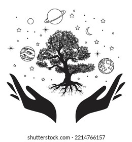 Hände, die ein Universum mit Bäumen halten 