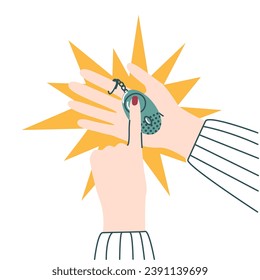 Hands holding and using personal alarm, siren