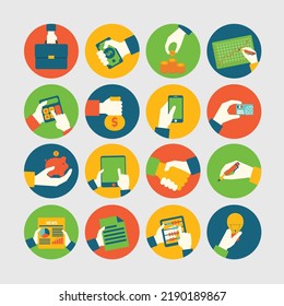 Hands holding and using smart phone with colorful icon set. Vector illustration of a mobile phone, finger gesture tapping the screen, and using the pen tool to write and define.