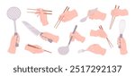 Hands holding utensils. Hand cooking and eating, hold kitchen tools. Spoon chopsticks knife fork in human arm food preparation, racy vector set