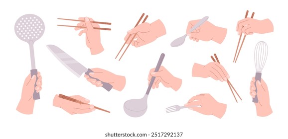 Hands holding utensils. Hand cooking and eating, hold kitchen tools. Spoon chopsticks knife fork in human arm food preparation, racy vector set