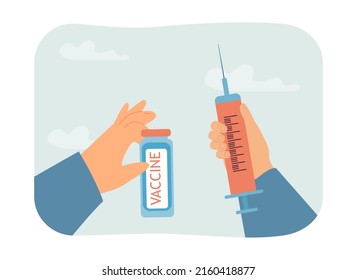 Hands holding vaccine glass bottle and syringe. Vaccination company for people flat vector illustration. Immunization, medicine, healthcare concept for banner, website design or landing web page