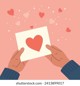 Hands holding Valentine card. Vector flat cartoon illustration