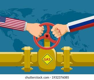 Hands holding a valve. Gas pipeline Nord Stream. Vector illustration