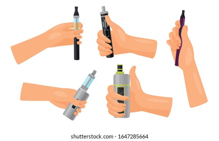 Hands Holding Vape Vector Set. Electronic Cigarette Advertisement