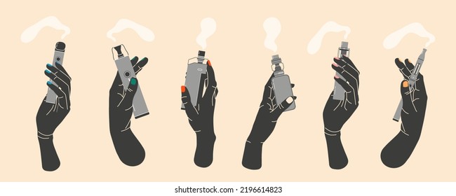 Hands holding vapes, colorful illustrations set. Electronic cigarettes and vape concept. Modern vector illustration. Variety of designs vape pens and pod mods. Flat vector design for web.