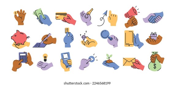 Hands holding various business object, various simple hand gestures in a flat design very easy to edit. Flat vector illustration.