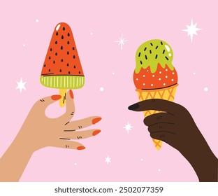 Hands holding various delicious ice cream balls in waffle cones, sweet frozen yummy desserts, street food summer snacks with different flavors cartoon vector illustration
