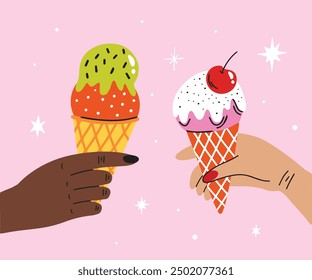 Hands holding various delicious ice cream balls in waffle cones, sweet frozen yummy desserts, street food summer snacks with different flavors cartoon vector illustration
