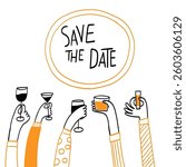 Hands holding various drinks in a celebratory gesture. Hand-drawing vector illustration.