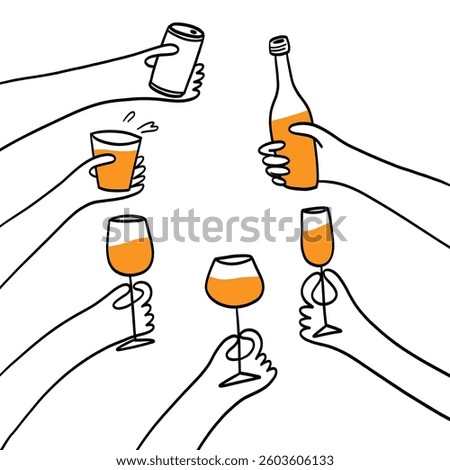 Hands holding various drinks in a celebratory gesture. Hand-drawing vector illustration.