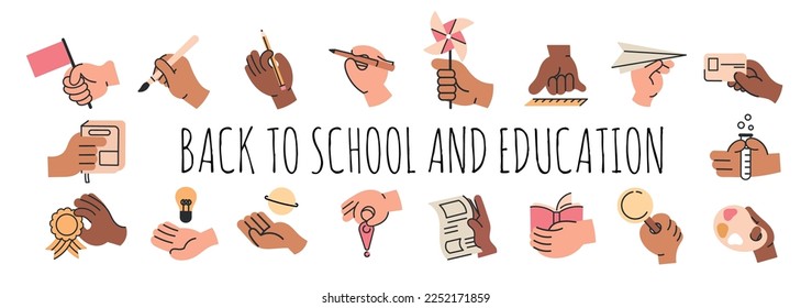Hands holding various education object, various simple hand gestures in a flat design very easy to edit. Flat vector illustration.