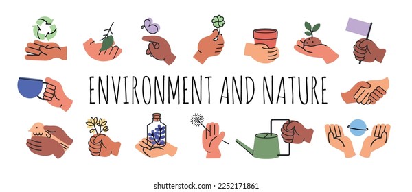 Hands holding various environment object, various simple hand gestures in a flat design very easy to edit. Flat vector illustration.