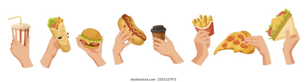 Hands holding various fast food items on white background. Vector illustration