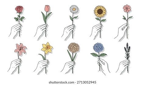Hände mit verschiedenen Blumen, zarte Linie Kunst