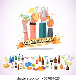 Hands Holding Various Glasses Of Cocktail With Ribbon. Cocktail Party Concept With Icon Set - Vector Illustration