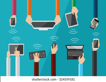 Hands holding various high-tech devices. Flat design vector illustration of hands holding computer and communication devices. .Concept illustrating  business meeting.