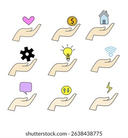 Hands Holding Various Icons and Symbols