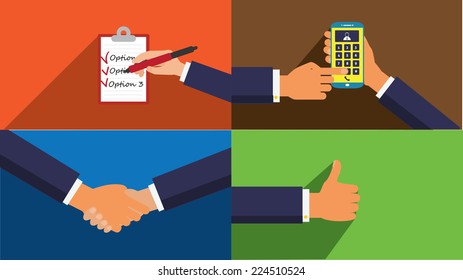 Hands holding various objects flat design image set.