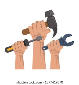 Hands holding various tools