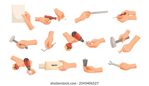 Hands holding various tools and instruments for DIY tasks. Vector illustration