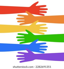 Hands holding hands vector illustration in concept  of support, diversity. Concept of racial equality, multicultural and multiracial society. Rainbow colors. June Pride Parade banner. Empowerment.
