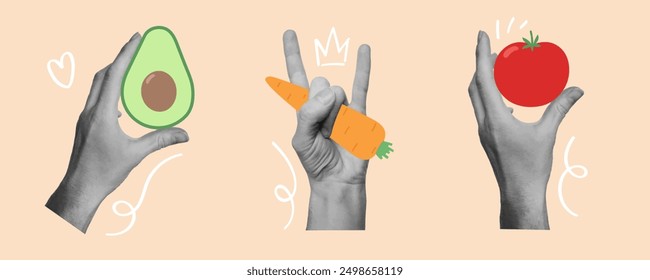 Hands holding vegetables. Design elements for card, print, poster. Isolated vector illustration