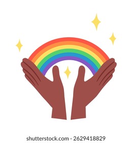 Hands holding a vibrant rainbow with sparkling stars. Hand drawn vector illustration.