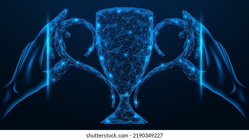 Hands are holding the victorious champion cup in online competitions. Polygonal design of interconnected lines and points. Blue background.