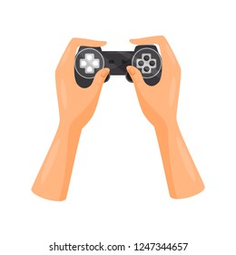 Hands holding video game controller, gaming concept vector Illustration on a white background