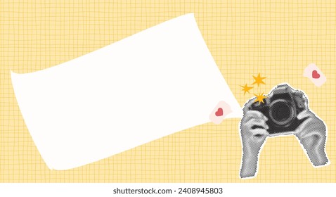 Hands holding vintage photo camera on yellow background. Social Media. Trendy halftone style. Collage design in trendy retro 90s magazine style. Vector illustration