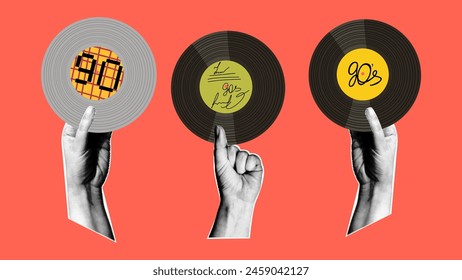 Hands holding vintage vinyl records. Retro pop art illustration with halftone effect.