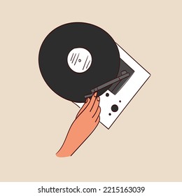 Hands holding a vinyl record. Portable turntable with vinyl playing. Vector illustration in hand-drawn style.