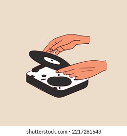 Hands holding a vinyl record. Portable turntable with vinyl playing. Vector illustration in hand-drawn style.