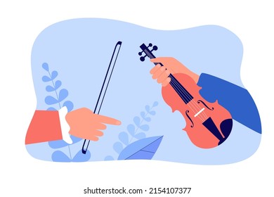 Hände, die Geige und Bogen halten. Finger, der auf ein Musikinstrument, flache Vektorgrafik zeigt. Musik, Bildung, Leistungskonzept für Banner, Website-Design oder Landing-Webseite