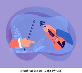 Hands holding violin and bow. Finger pointing at musical instrument flat vector illustration. Music, education, performance concept for banner, website design or landing web page