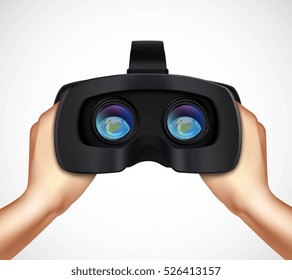 Hands holding virtual augmented reality headset for computer games simulators and training realistic closeup image vector illustration 