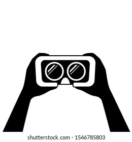 Hands holding virtual reality glasses. Black white vector illustration isolated on white background.